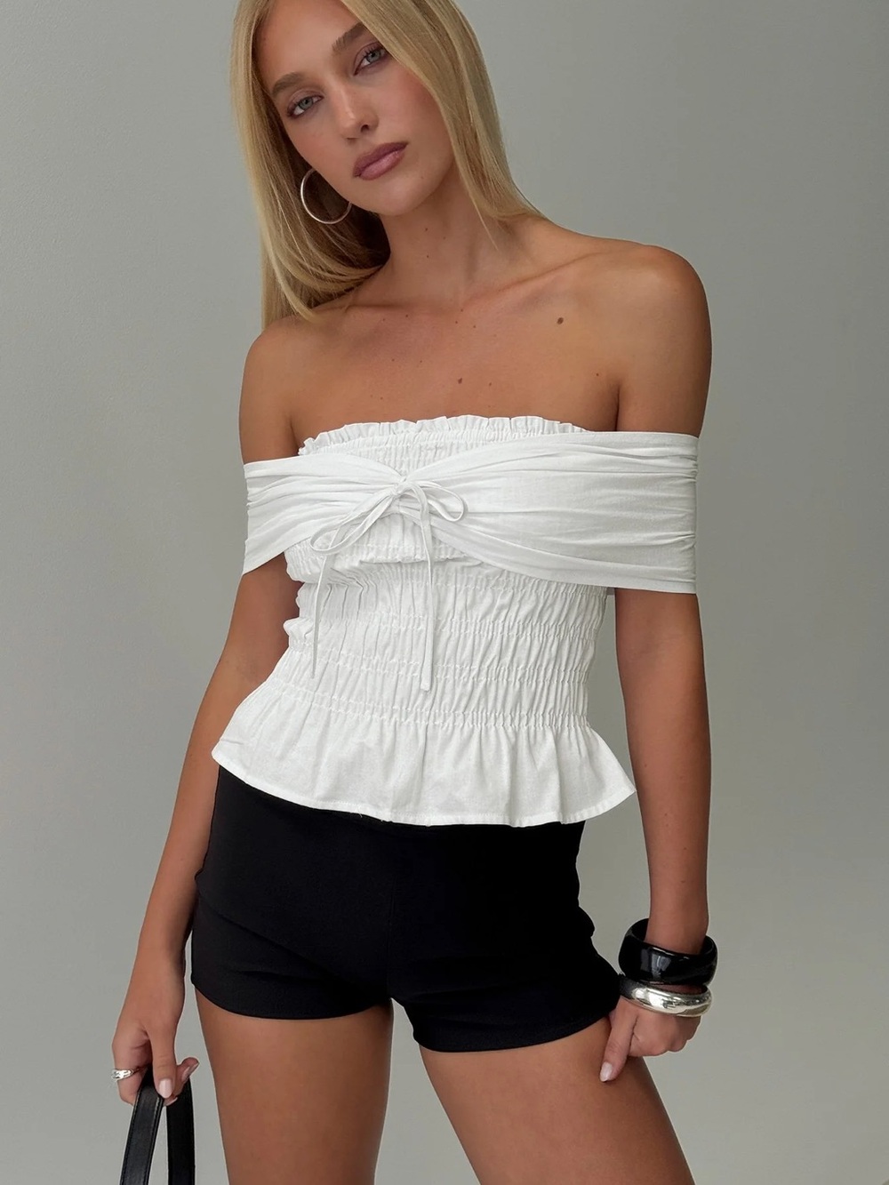 Princess Polly White Off-Shoulder Smocked Peplum Top
